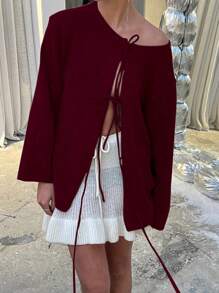 INAWLY 女士纯色长袖前系带宽松休闲开衫，秋冬