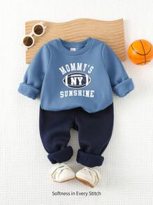 Cozy Pixies 2 件装男婴字母设计圆领长袖运动衫和松紧腰裤套装，男婴服装 - 藍色 - 查看 1