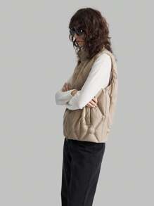 Ontre Khaki Special Quilted High Collar Down Filled Casual Vest