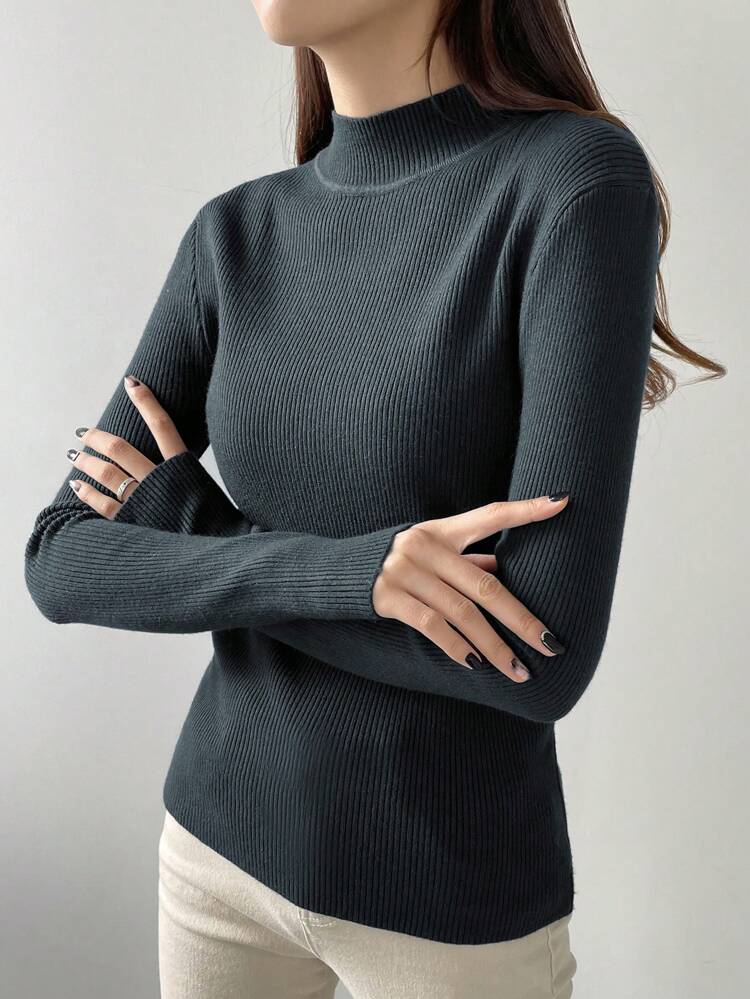 Business Casual Style Solid Color Stand Collar Slim Fit Sweater,Long Sleeve Tops,Fall Clothes