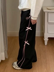 Dazy Kids Tween Girls' Contrast Trim Bow Decorated Pants - Black - View 4