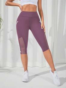 Easithlete Contrast Mesh Insert Wide Waistband Contrast Binding Capri Sports Leggings Yoga Women Pants - Purple - View 4