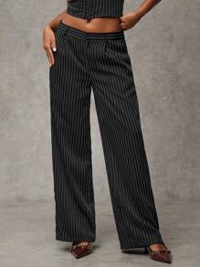 SHEIN BAE Women's Striped Pleated Straight Wide-Leg Casual Pants For Work - Grey - View 1