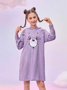 SHEIN X Care Bears Robe à capuche jolie avec impression d'ours de dessin animé et appliqué pour fille préadolescente, couleur violette - Parme - Voir 3