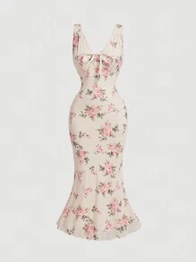 SHEIN MOD 女士复古花卉印花中长连衣裙、演唱会女装、婚礼节庆服装 - 杏色 - 查看 1