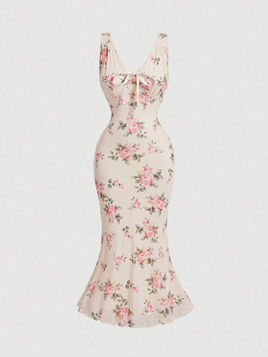 SHEIN MOD 女士复古花卉印花中长连衣裙、演唱会女装、婚礼节庆服装 - 杏色 - 查看 1