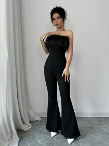 Chiquease Mono negro elegante sin tirantes con pelaje para mujer, para fiesta - Negro - Ver 1