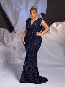 Glamrae Plus Size Elegant Women Deep V-Neck Rhinestone Chain Champagne Mermaid Evening Dress,Formal Prom Gown,Wedding Guest,Navy Blue,Spring,Party,Prom - Navy Blue - View 5