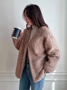 DAZY 女士V领羊毛加厚外套，新款秋季设计，秋季女装外套 - 棕色 - 查看 1