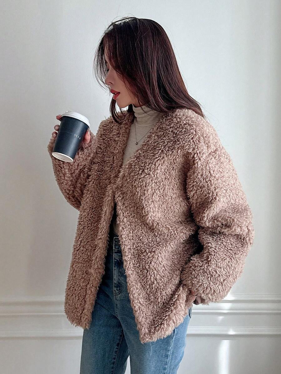 DAZY 女士V领羊毛加厚外套，新款秋季设计，秋季女装外套 - 棕色 - 查看 1