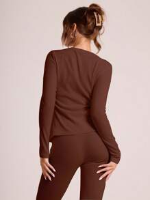 MUSERA Ribbed Button Through Long Sleeve Crew Neck Top Cute Vacation Elegant Airport Holiday Back To School Fall Autumn Winter  Elegant Spring Summer - Brown - View 2