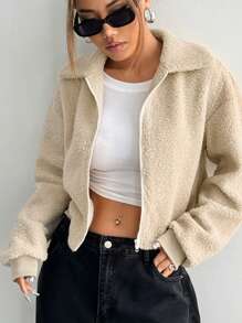 SHEIN Unity Women's Casual Solid Color Fleece Cropped Jacket, Autumn & Winter - Khaki - View 1