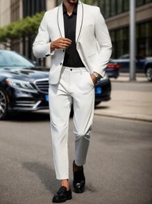 Manfinity Mode Men's Contrast Color Shawl Collar Jacket & Slim Fit Pants Suit Set,White Suit Set - White - View 3
