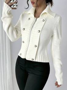 Chiquease Women's Casual Solid Color Double Breasted Cardigan, Autumn - Beige - View 4