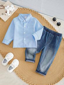 SHEIN 2pcs Baby Boys Toddlers Autumn Winter Basic Casual Vacation Soft Touch Striped Shirt + Distressed Denim Pants Set