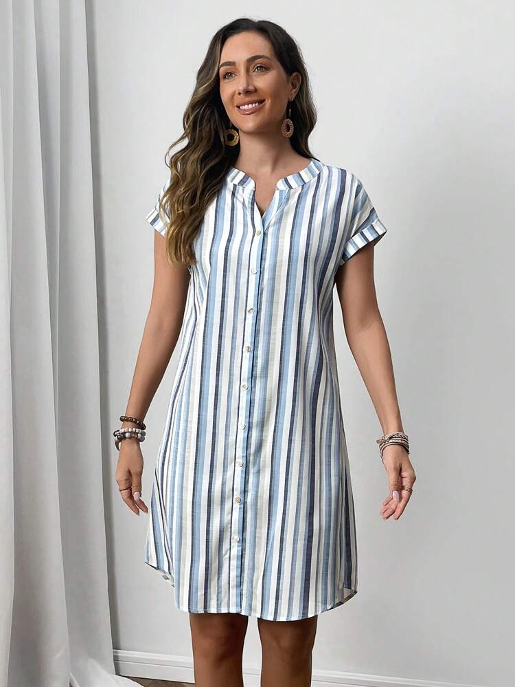 Women Casual Summer Colorful Striped V-Neck Loose Straight Dress