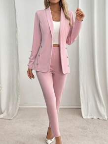 SHEIN Clasi 2pcs Women's Solid Color Lapel Collar Long Sleeve Button Design Jacket And Pants Office/Casual Suit Set, Spring/Fall - Pink - View 1