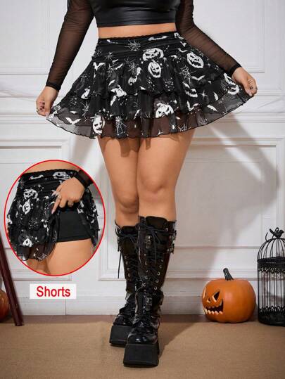 SHEIN EZwear Plus Size Women Halloween Bat Print Mesh Sheer Lined Tiered Mini Skirt Shorts, Halloween Costume