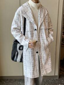 Manfinity Hypemode 男士格子翻领长袖口袋长款休闲宽松羊毛大衣，秋冬 - 米色 - 查看 4