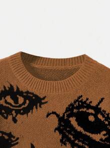 ROMWE Grunge Punk Women Autumn And Winter Eye Pattern Round Neck Drop Shoulder Long Sleeve Loose Casual Pullover Sweater - Multicolor - View 2