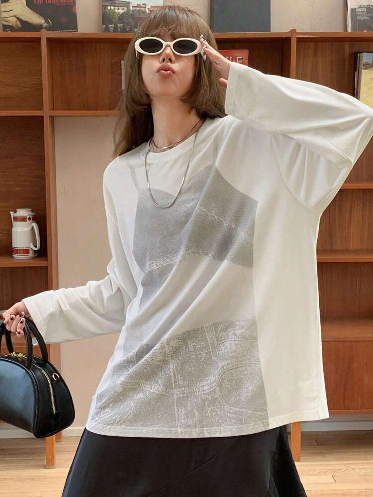 Loose Fit Printed Long Sleeve Round Neck Women T-Shirt Sheer,Fall Clothes