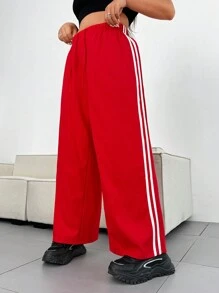 Flirla Quần ống đứng kẻ sọc rút dây thường ngày cỡ lớn - Đỏ - Xem 4