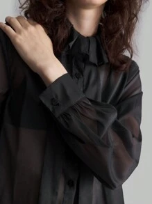 Ontre 黑色褶饰领半透明修身办公室优雅女士衬衫简约设计优雅 - 黑色 - 查看 8