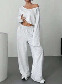 SHEIN EZwear Bộ 2 món/Bộ áo nỉ cổ chữ V trơn mới cho nữ và quần nỉ - Xám - Xem 6