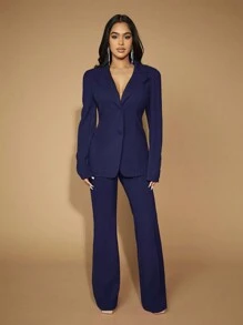 SHEIN SXY Ensemble veste et pantalon de couleur unie grande taille pour l'automne/hiver - Bleu marine - Voir 1
