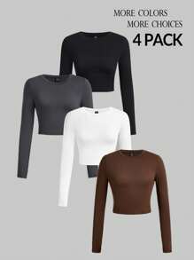 SHEIN PETITE 4 件装休闲圆领右肩长袖修身女士 T 恤适合秋冬季 - 彩色 - 查看 1