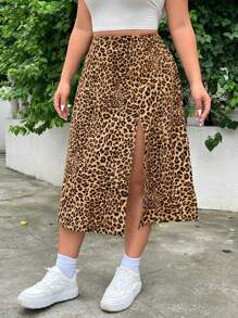 SHEIN EZwear Plus Size Women's Summer Autumn Back-To-School Campus Outdoor Free People Casual Daily Versatile Leopard Print A-Line Ruffled Slit Elastic Waist Relaxed Skirt