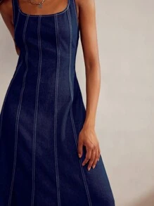 Forever 21 Vestido de línea A con cuello cuadrado de mezclilla - Azul - Ver 7