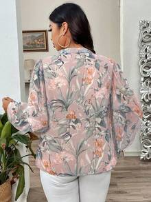 SHEIN Franclia 大码花卉长袖系带衬衫 - 藕粉色 - 查看 2