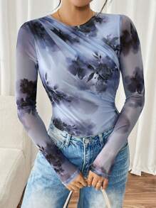 SHEIN Essnce Women's Women Costumes Floral Print Ruched Long Sleeve Bodysuit  Casual Fashion Pleated Mesh Floral Print Bodysuit   Fall & Winter  Fall Clothes