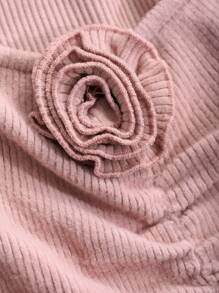 DAZY Lace Decorated Ruched Design Ribbed Knit Slim Fit Pajama Top Fall,Winter - Pink - View 10