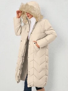 EURMUSE Fuzzy Trim Hooded Zip Up Puffer Coat - White - View 5