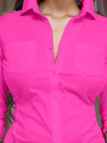 Chiquease 女士纯色衬衫领长袖纽扣前口袋简约休闲上衣