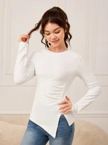 2 chiếc/bộ áo thun dài tay dệt kim màu trơn không đối xứng thanh lịch cho bé gái tuổi teen, 2 màu - Nhiều màu - Xem 11