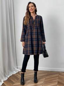 EMERY ROSE Fall Women Clothes Women's Front Button Long Sleeve Plaid Casual Mini Dress
