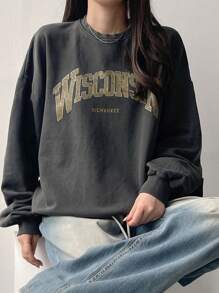 DAZY 女式做旧图案印花宽松运动衫，秋装 - 灰色 - 查看 1