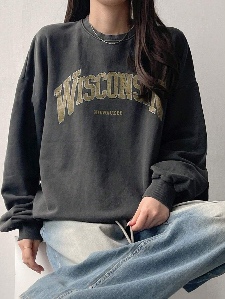 DAZY 女式做旧图案印花宽松运动衫，秋装 - 灰色 - 查看 1