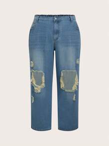 SHEIN CURVE+ Calças Retas Denim Sem Elasticidade Plus Size, Outono/Inverno - Azul - Visão 7