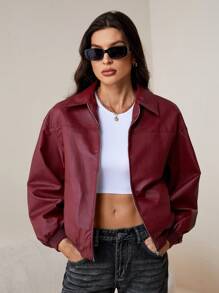 SHEIN Tall Women's Retro Red Leather Jacket Suitable For Autumn And Winter - Burgundy - View 2