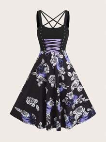 SHEIN Unity Women Mid-Length Floral Print Criss-Cross Tie Patchwork A-Line Dress