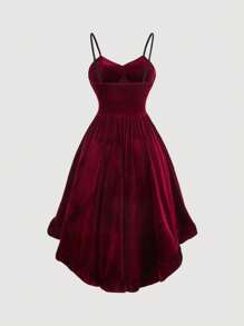 SHEIN MOD Vestido midi de terciopelo burdeos de corte asimétrico para tallas grandes, disfraz - Rojo - Ver 2