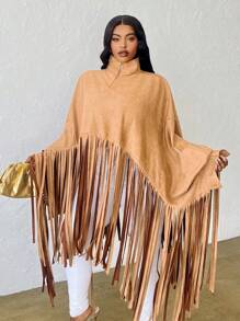 Slaydiva Lângă, solid, cu gât înalt, raglan, evazat, manșetă, tiv cu franjuri, țesătură de căprioară, mai mari, pulover lung, pentru femei, festival elegant și casual și de muzică, primăvară, toamnă - Kaki - Vizualizare 5