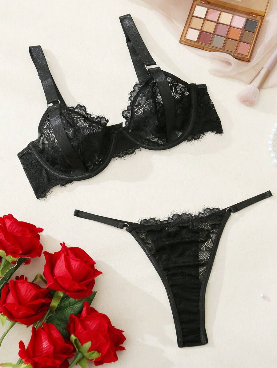 Bộ đồ lót ren gợi cảm màu trơn cho nữ - màu đen - Xem 1