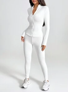 SHEIN PETITE 白色两件套运动服拉链夹克和紧身裤、健身服 - 白色 - 查看 4
