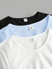 SHEIN Girlism 3 件套 Tween 女童休闲修身短款喇叭袖简约圆领长袖 T 恤 - 藍色 - 查看 5