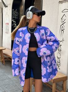 EURMUSE Fashionable All Over Floral Frinted Quilting Jacket - Multicolor - View 5